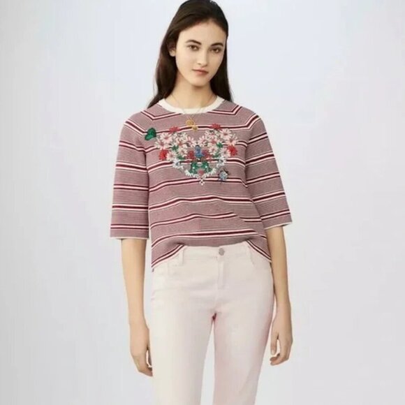 MAJE Marco Floral Embroidered Heart Striped Crewneck Sweater - Picture 2 of 7